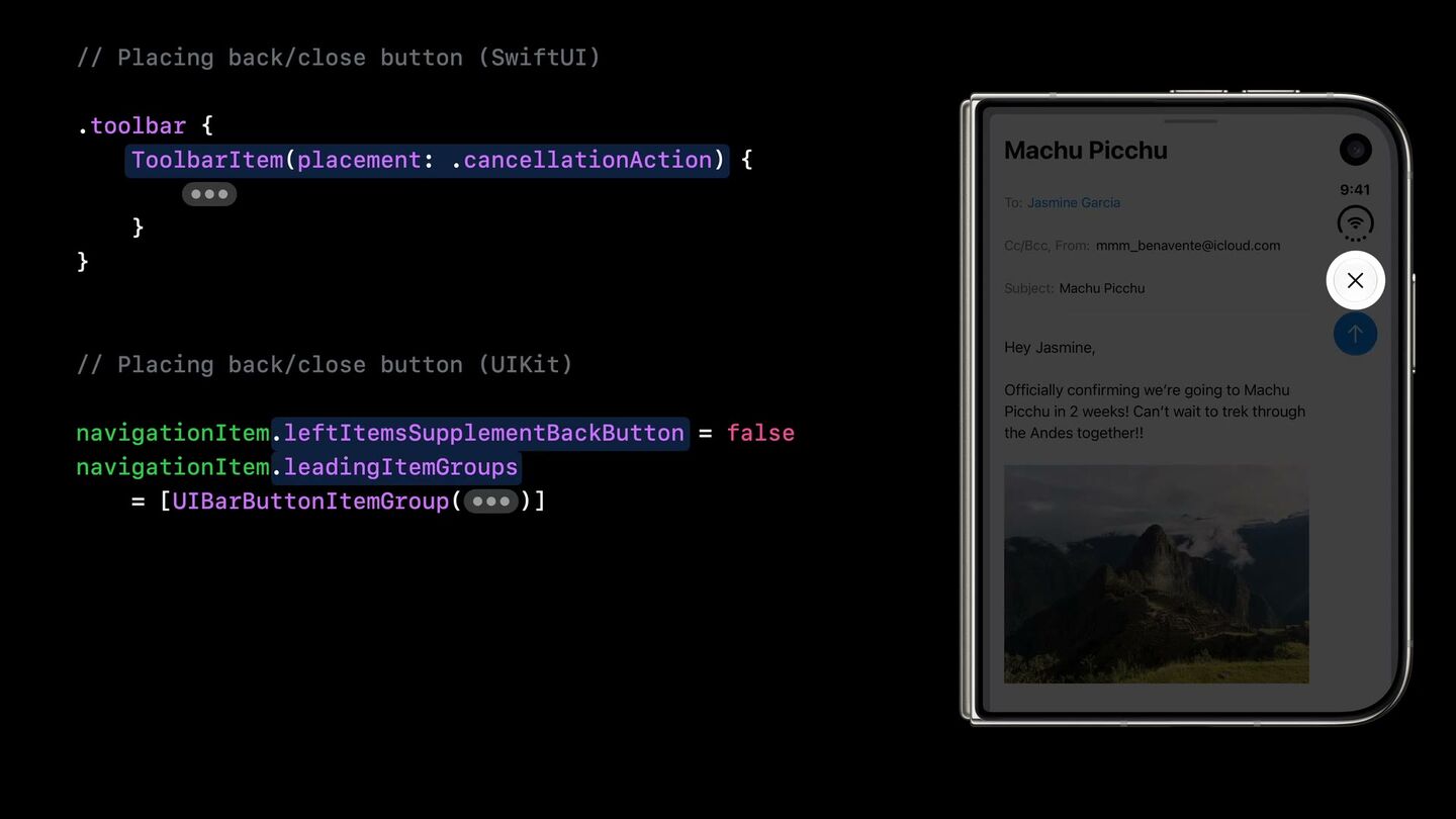 <b>Back / Close.</b> <code>ToolbarItem(placement: .cancellationAction)</code> и <code>navigationItem.leadingItemGroups</code>.