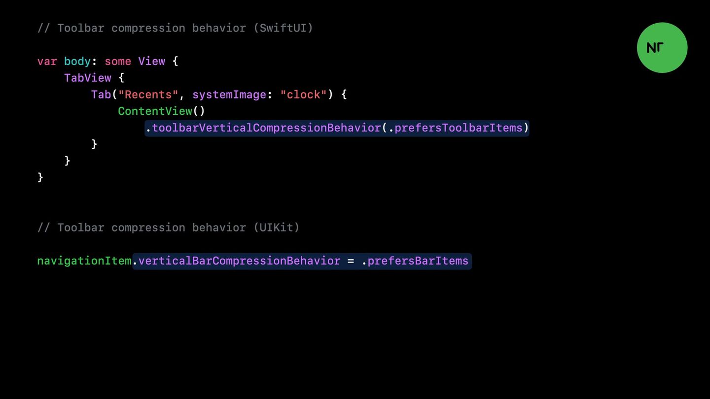 <b>Компрессия.</b> <code>toolbarVerticalCompressionBehavior</code> / <code>verticalBarCompressionBehavior</code> — что сжимать первым.