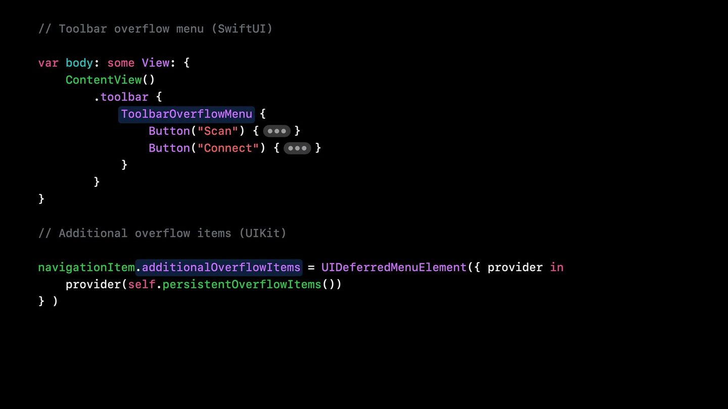 <b>Overflow.</b> <code>ToolbarOverflowMenu</code> (SwiftUI) и <code>additionalOverflowItems</code> (UIKit).