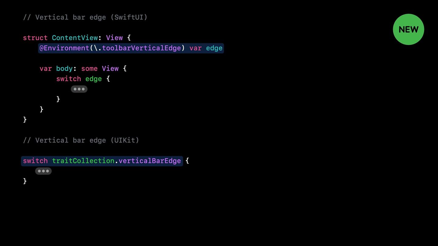 <b>Узнать сторону бара:</b> <code>@Environment(\.toolbarVerticalEdge)</code> / <code>traitCollection.verticalBarEdge</code>.