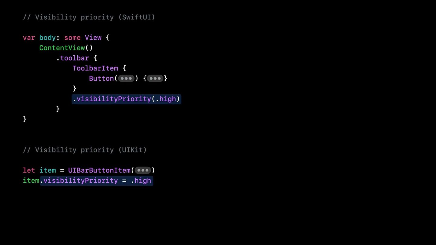 <b>Приоритеты.</b> <code>.visibilityPriority(.high / .low / custom)</code> решает, кто останется на виду.