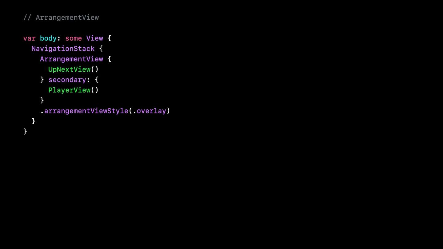 <b><code>.arrangementViewStyle(.overlay)</code></b> — вторичный контент поверх основного.