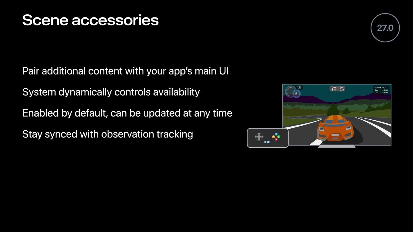 <b>Scene accessories.</b> Дополнительный контент рядом с основным UI; доступность контролирует система.