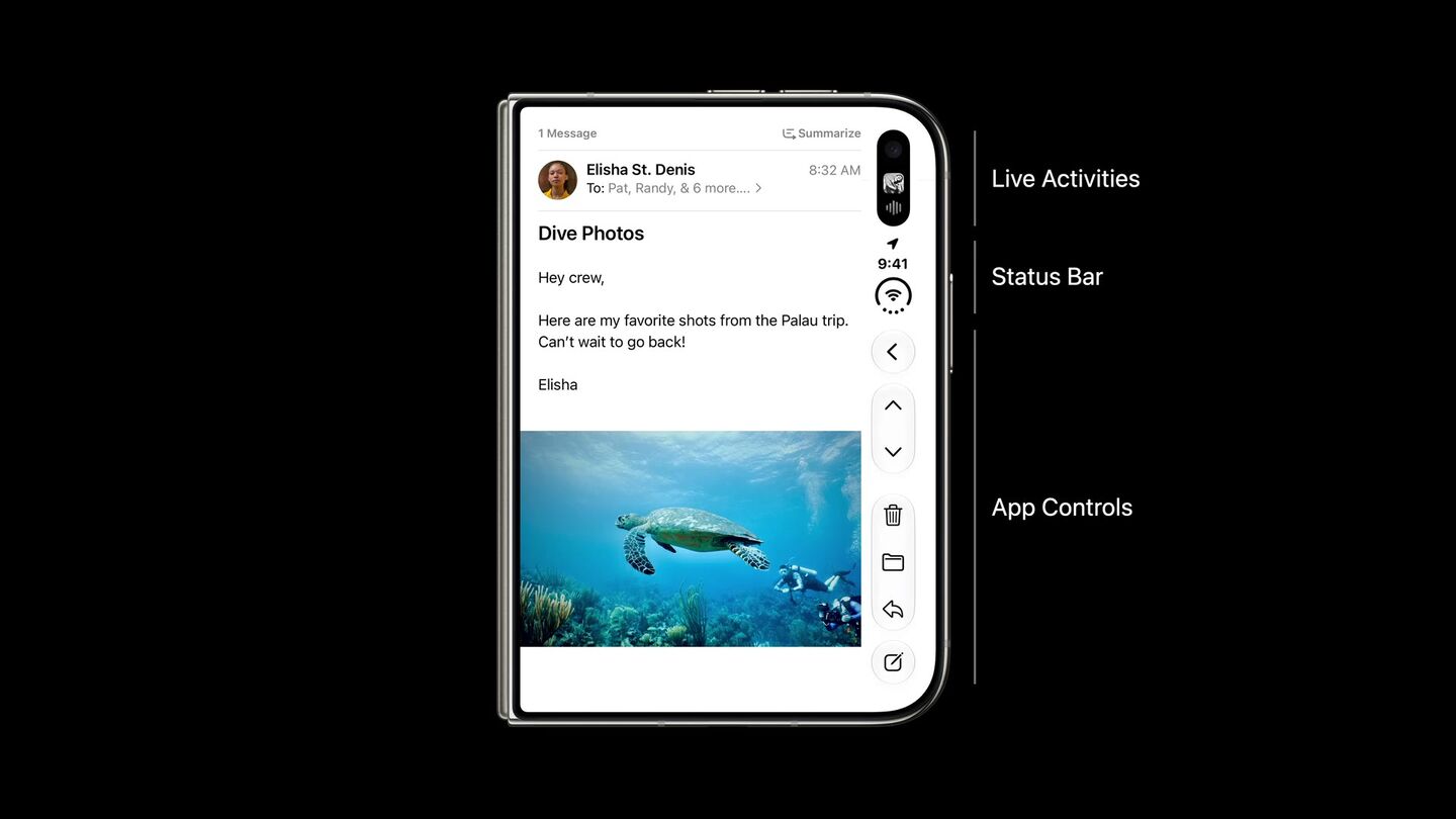<b>Что живёт в вертикальной полосе.</b> Live Activities · status bar · app controls — сверху вниз.